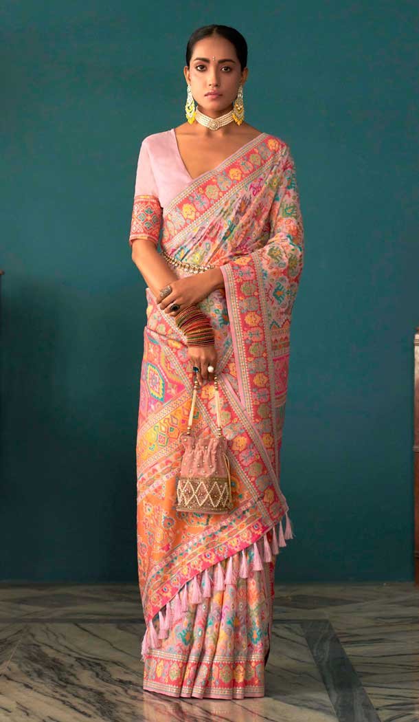 Blush Pink Kashmiri Pashmina Woven Work Traditional Wear Saree - 9974191558
