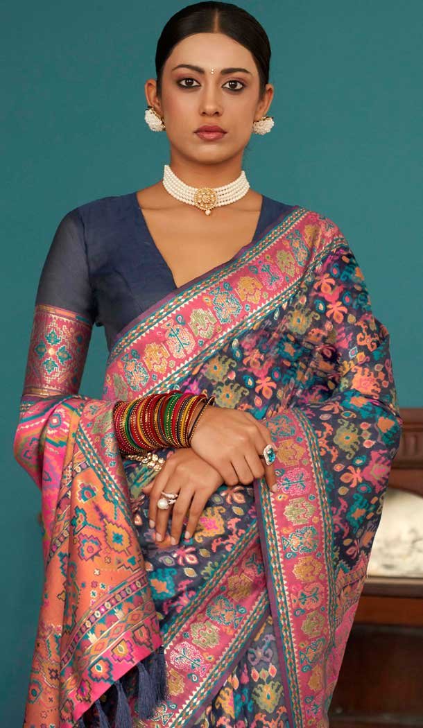 Navy Blue Kashmiri Pashmina Woven Work Traditional Wear Saree - 9974191559