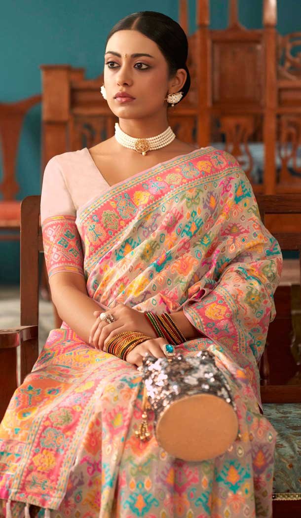 Light Peach Kashmiri Pashmina Woven Work Traditional Wear Saree - 9974191560