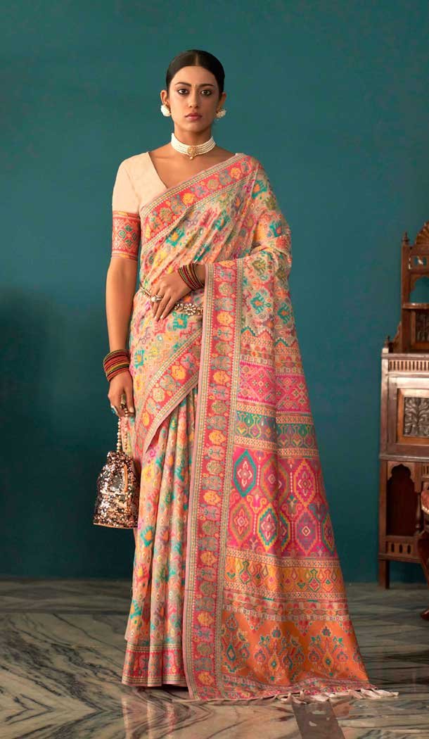 Light Peach Kashmiri Pashmina Woven Work Traditional Wear Saree - 9974191560