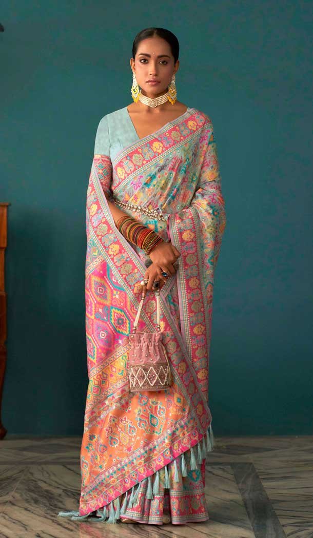 Aqua Blue Kashmiri Pashmina Woven Work Traditional Wear Saree - 9974191561