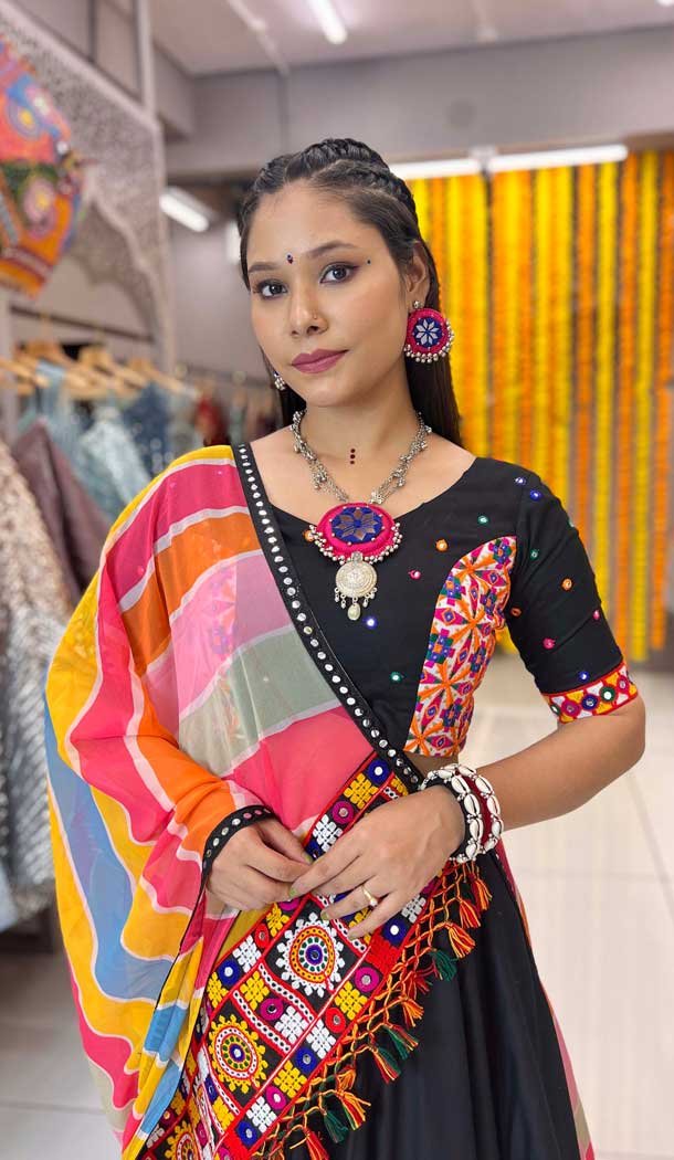 Black Rayon Printed Navratri Lehenga Choli - 10047192084