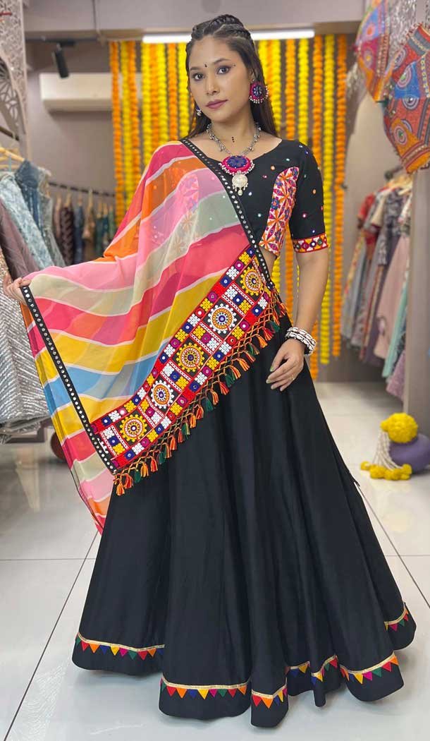 Black Rayon Printed Navratri Lehenga Choli - 10047192084