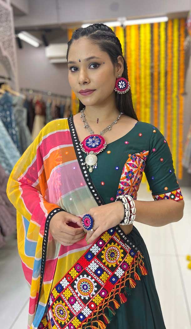 Green Rayon Printed Navratri Lehenga Choli - 10047192085