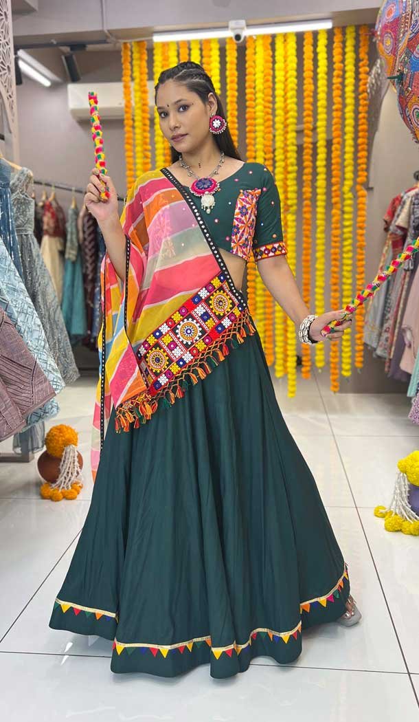 Green Rayon Printed Navratri Lehenga Choli - 10047192085