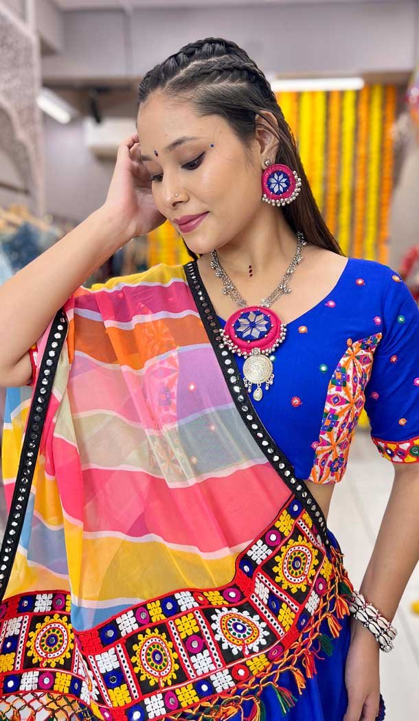 Navy Blue Rayon Printed Navratri Lehenga Choli - 10047192086