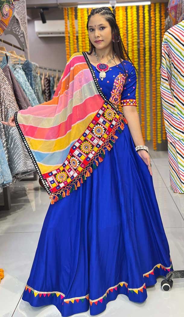 Navy Blue Rayon Printed Navratri Lehenga Choli - 10047192086