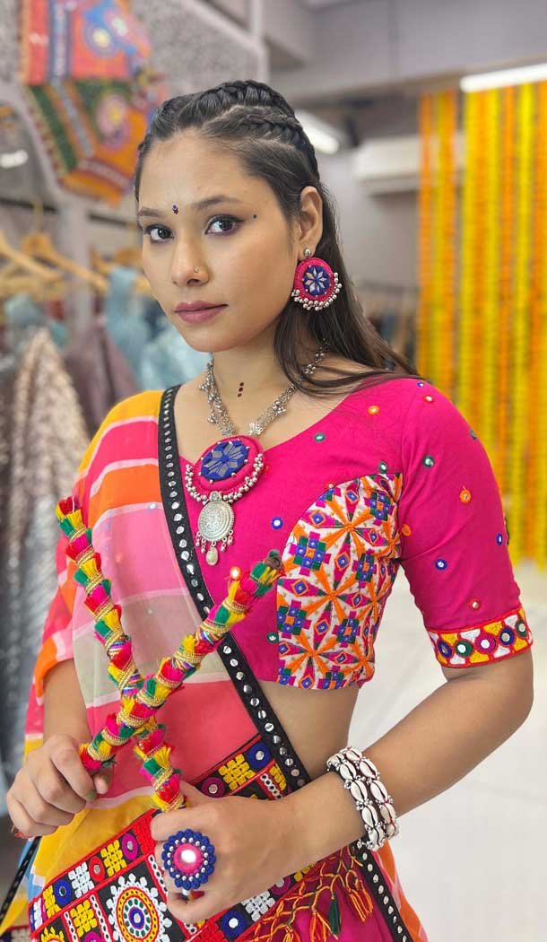 Rani Pink Maslin Printed Navratri Lehenga Choli - 10047192087