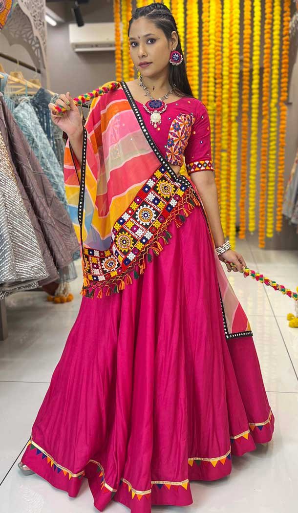 Rani Pink Maslin Printed Navratri Lehenga Choli - 10047192087