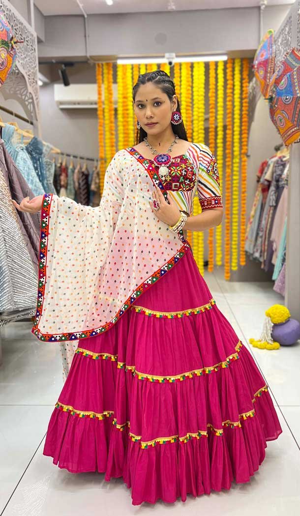 Pink And Magenta Maslin Digital Printed Navratri Lehenga Choli - 10047192090