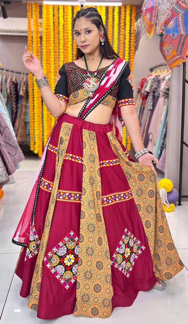 Maroon Rayon Digital Printed Navratri Lehenga Choli - 10047192094
