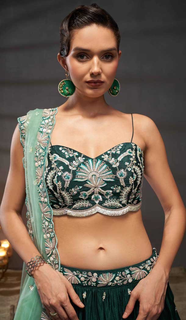 Green Poly Chiffon Embroidered Designer Wear Lehenga Choli - 10082192263