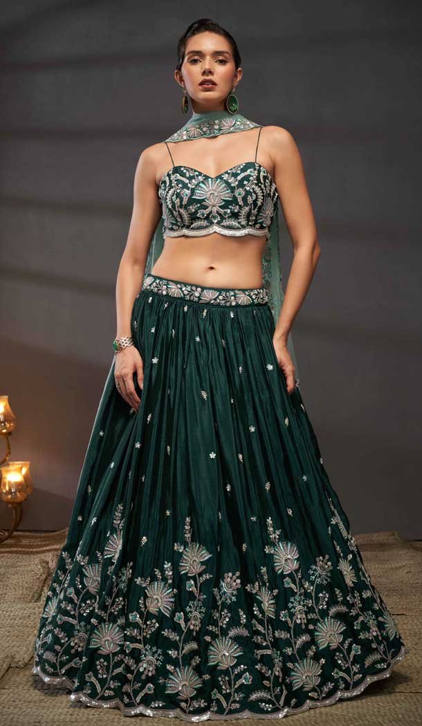 Green Poly Chiffon Embroidered Designer Wear Lehenga Choli - 10082192263
