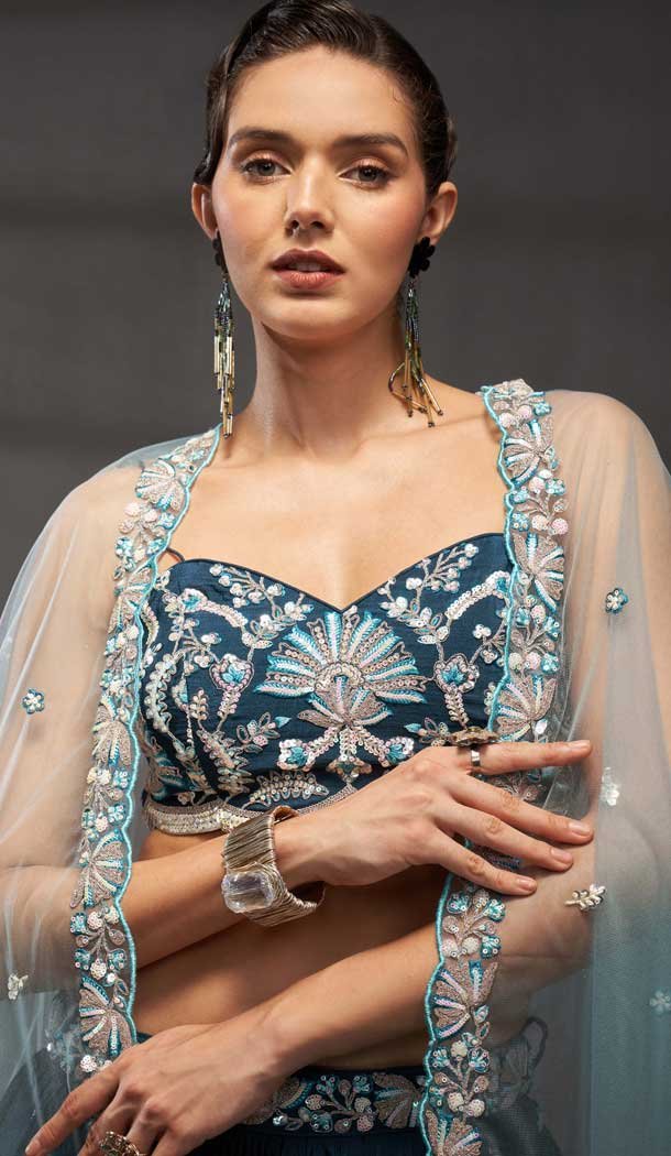 Teal Blue Poly Chiffon Embroidered Designer Wear Lehenga Choli - 10082192264