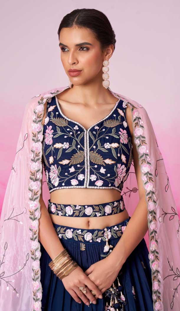 Navy Blue Satin Embroidery Wedding Wear Lehenga Choli - 10084192269