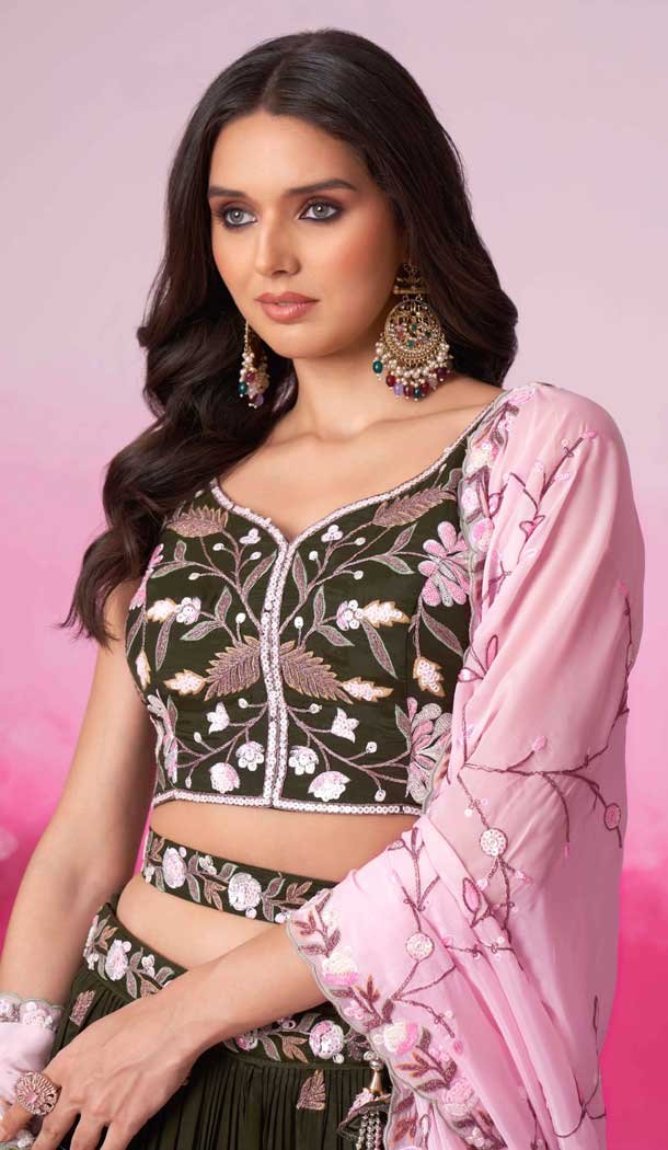 Olive Green Satin Embroidery Wedding Wear Lehenga Choli - 10084192270