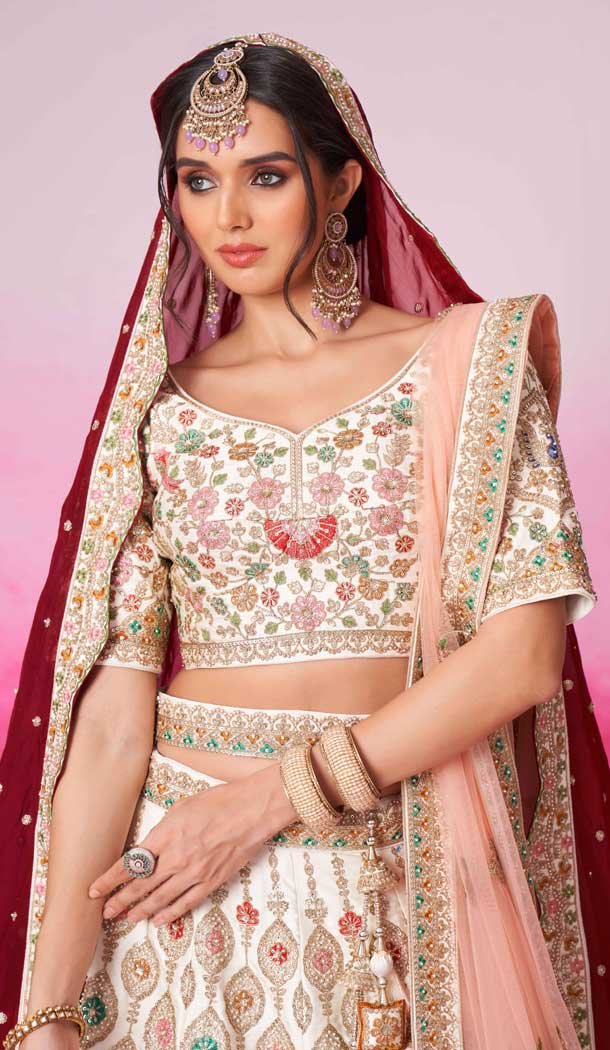 Cream Silk Embroidery Wedding Wear Lehenga Choli - 10084192274