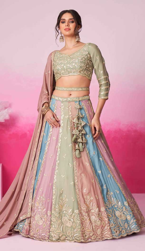 Multi Color Poly Chiffon Embroidery Wedding Wear Lehenga Choli - 10084192277