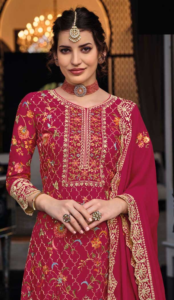 Silk Sequins Work Party Wear Palazzo Suit In Rani Pink - 10085192282