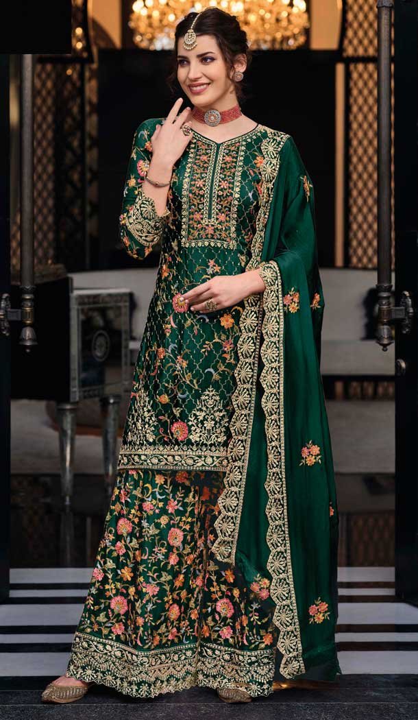 Silk Sequins Work Party Wear Palazzo Suit In Green - 10085192283