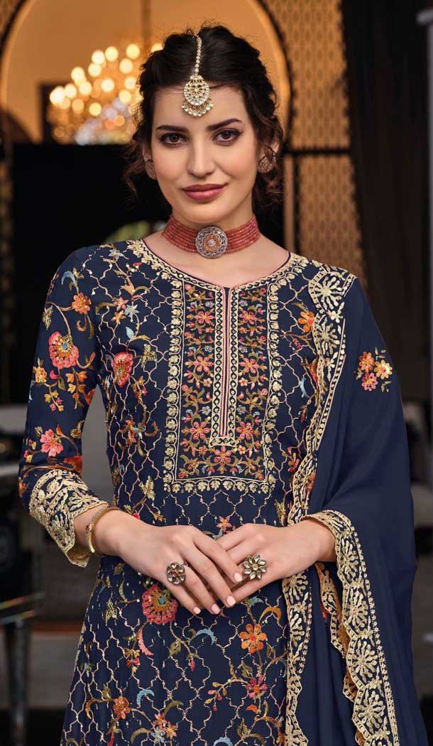 Silk Sequins Work Party Wear Palazzo Suit In Navy Blue - 10085192285