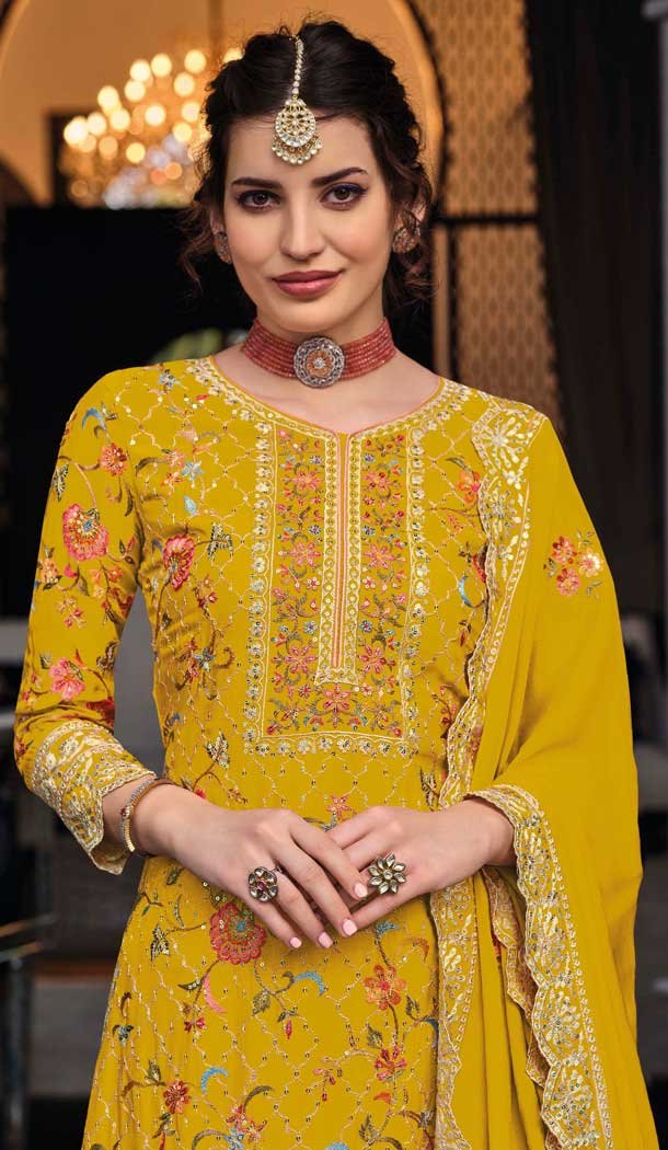 Silk Sequins Work Party Wear Palazzo Suit In Yellow - 10085192286