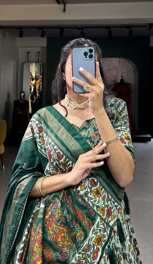 Green Tussar Silk Foil Print Work Navratri Wear Lehenga Choli - 10087192292