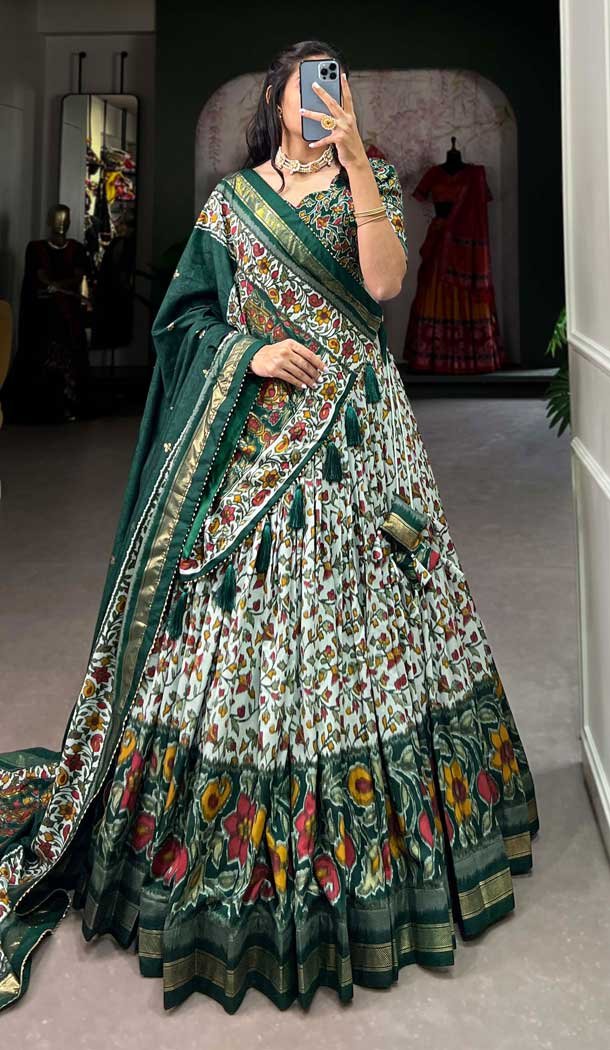 Green Tussar Silk Foil Print Work Navratri Wear Lehenga Choli - 10087192292