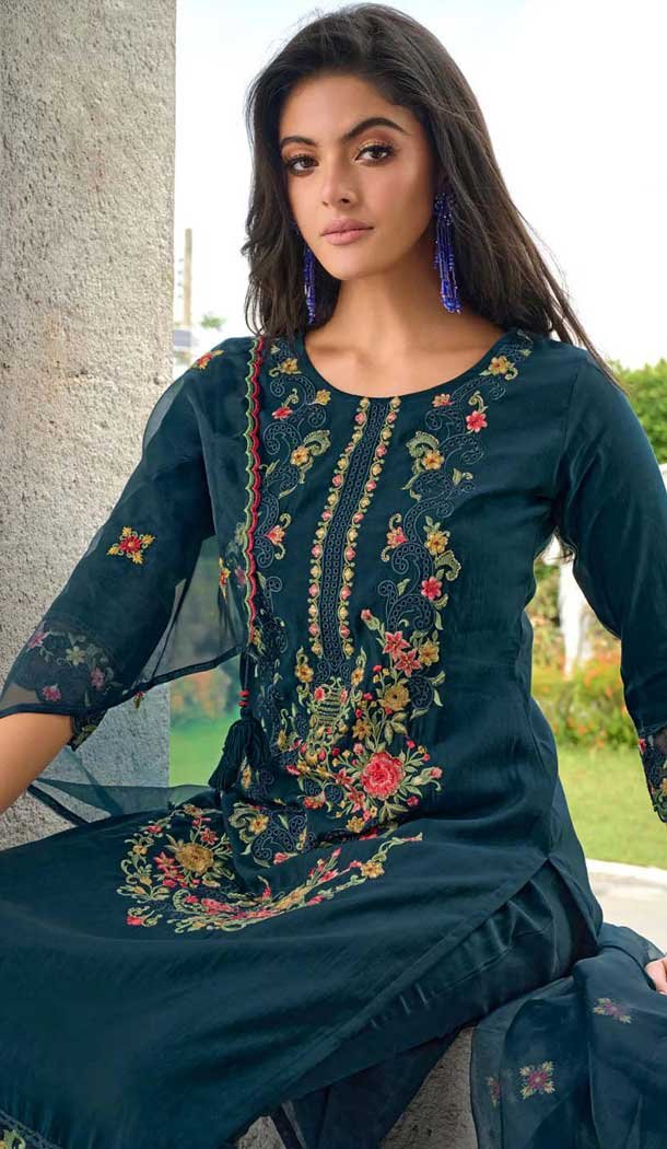 Teal Blue Viscose Resham Work Party Wear Readymade Salwar Suit - 10088192298