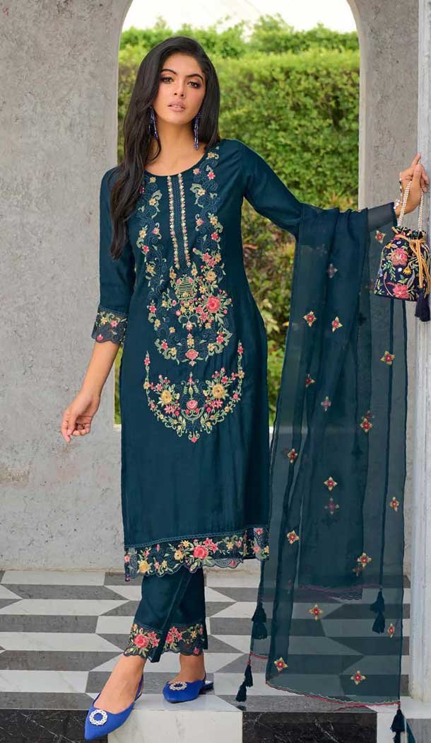 Teal Blue Viscose Resham Work Party Wear Readymade Salwar Suit - 10088192298