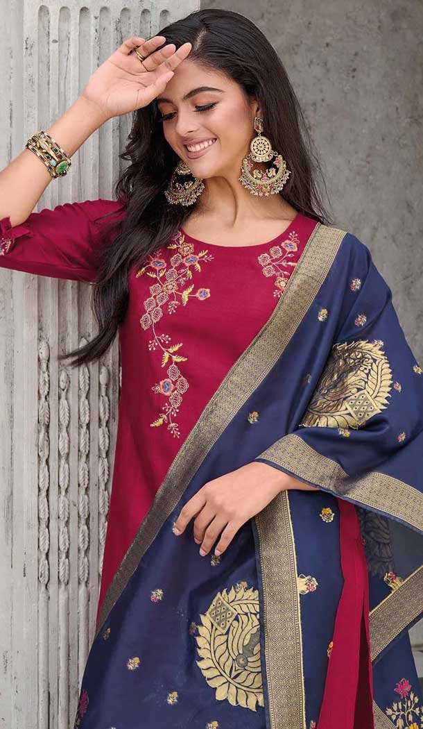 Cherry Red Vichitra Silk Resham Work Party Wear Readymade Salwar Suit - 10088192300