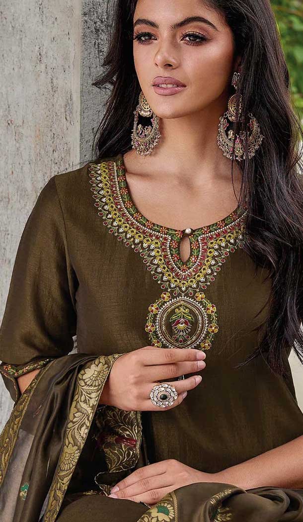 Mouse Grey Vichitra Silk Resham Work Party Wear Readymade Salwar Suit - 10088192301