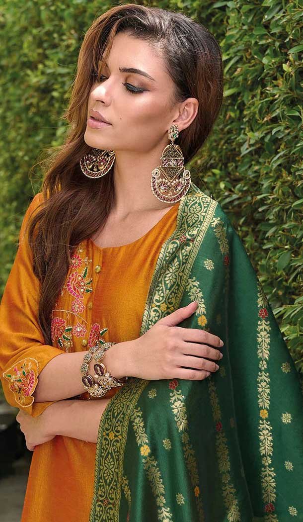 Mustard Vichitra Silk Resham Work Party Wear Readymade Salwar Suit - 10088192302