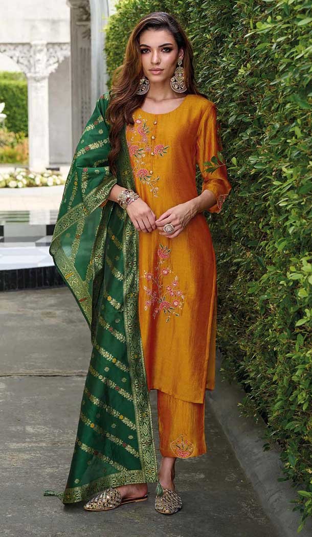 Mustard Vichitra Silk Resham Work Party Wear Readymade Salwar Suit - 10088192302
