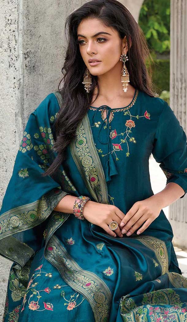Teal Vichitra Silk Resham Work Party Wear Readymade Salwar Suit - 10088192304