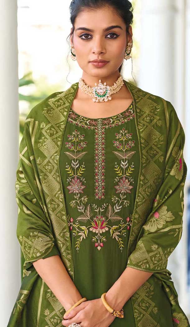 Mehendi Viscose Resham Work Party Wear Readymade Salwar Suit - 10088192306