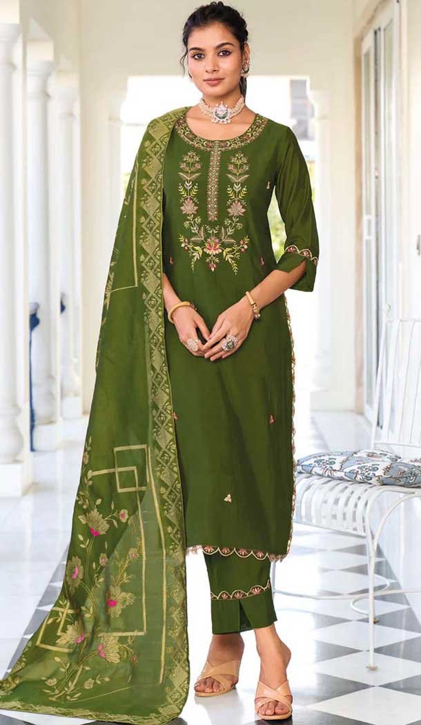 Mehendi Viscose Resham Work Party Wear Readymade Salwar Suit - 10088192306