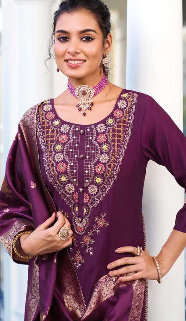 Viscose Resham Work Party Wear Readymade Salwar Suit In Purple - 10088192307