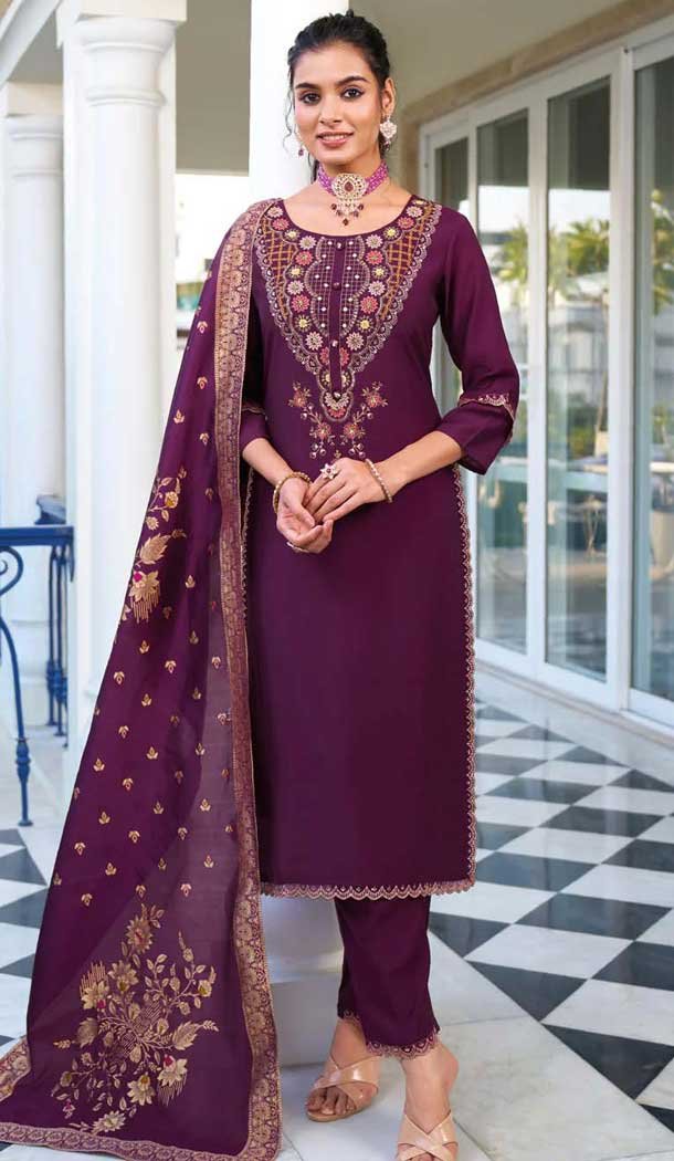 Viscose Resham Work Party Wear Readymade Salwar Suit In Purple - 10088192307