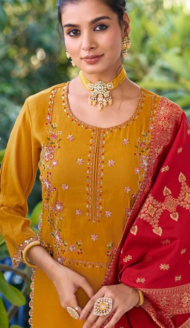 Viscose Resham Work Party Wear Readymade Salwar Suit In Yellow - 10088192308