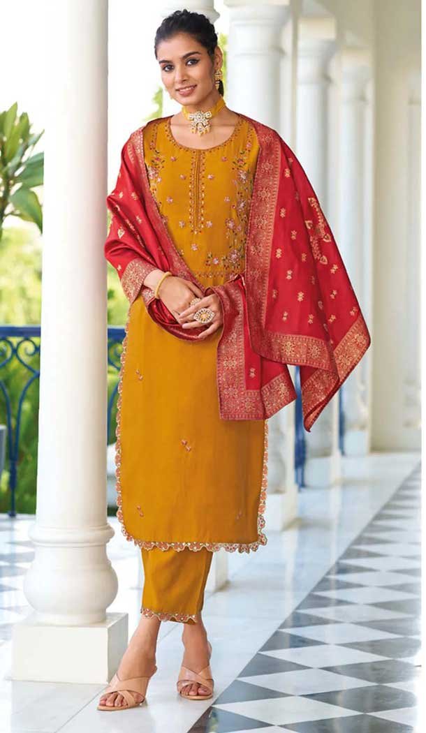 Viscose Resham Work Party Wear Readymade Salwar Suit In Yellow - 10088192308