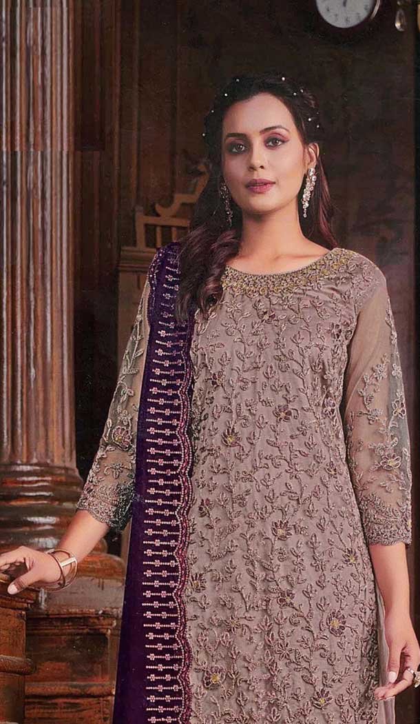 Butterfly Net Embroidered Pakistani Style Palazzo Suit In Beige - 10099192356