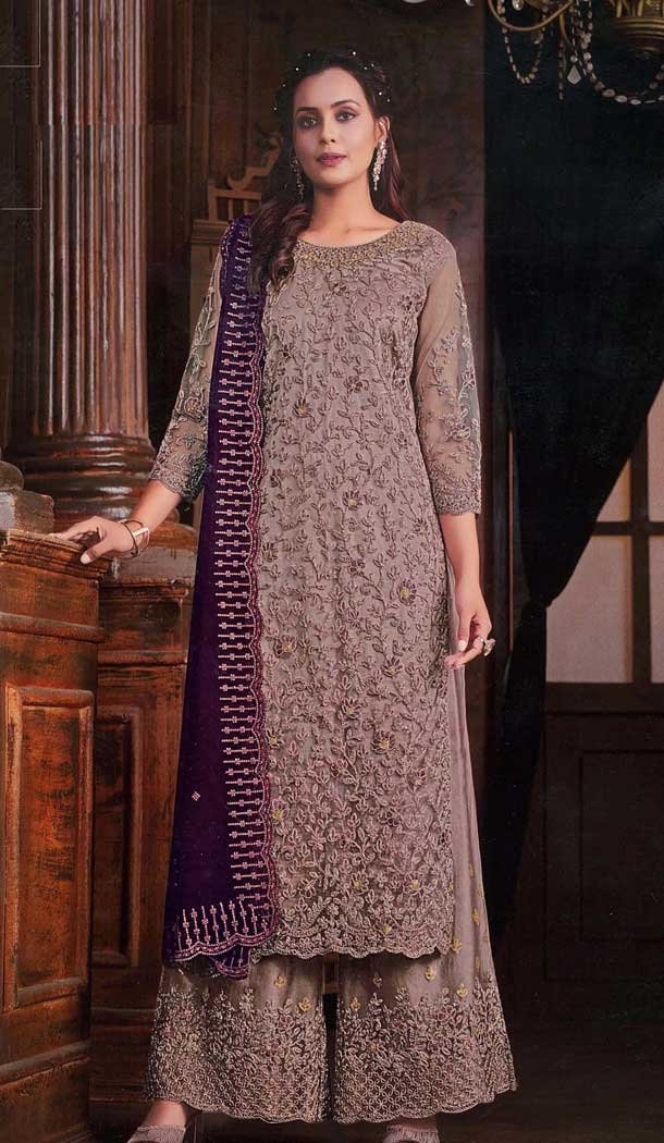 Butterfly Net Embroidered Pakistani Style Palazzo Suit In Beige - 10099192356