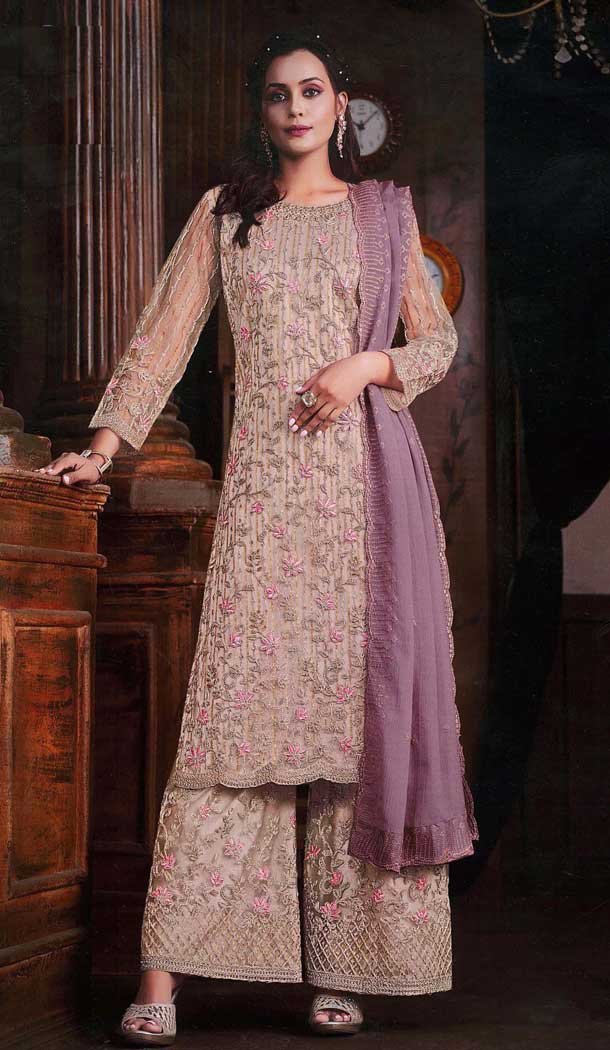 Butterfly Net Embroidered Pakistani Style Palazzo Suit In Cream - 10099192358