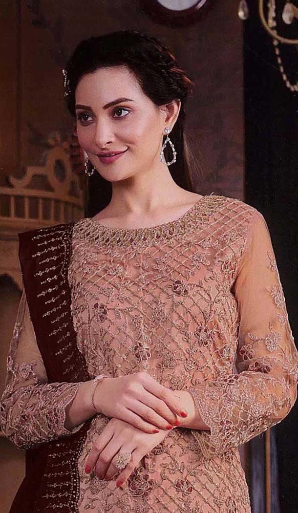 Butterfly Net Embroidered Pakistani Style Palazzo Suit In Peach - 10099192359