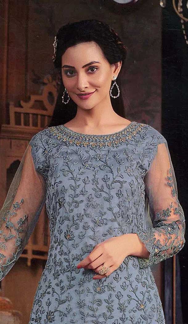 Butterfly Net Embroidered Pakistani Style Palazzo Suit In Sky Blue - 10099192360