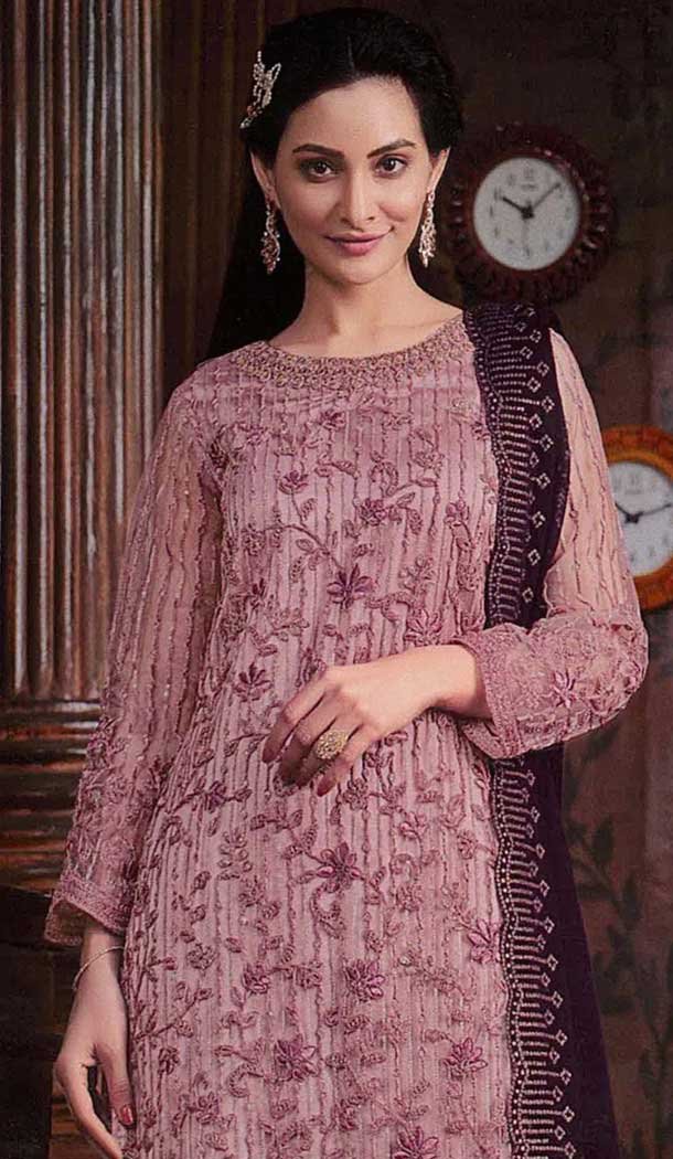 Butterfly Net Embroidered Pakistani Style Palazzo Suit In Lavender - 10099192361
