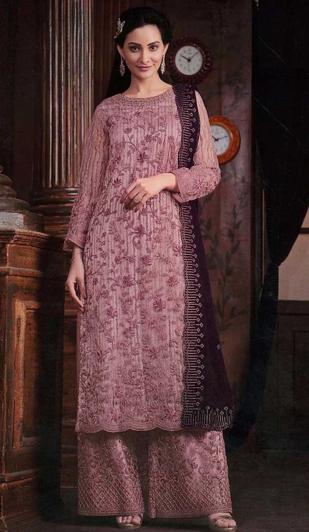 Butterfly Net Embroidered Pakistani Style Palazzo Suit In Lavender - 10099192361