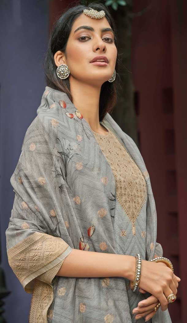 Grey Chanderi Digital Printed Pakistani Style Salwar Kameez - 10108192393