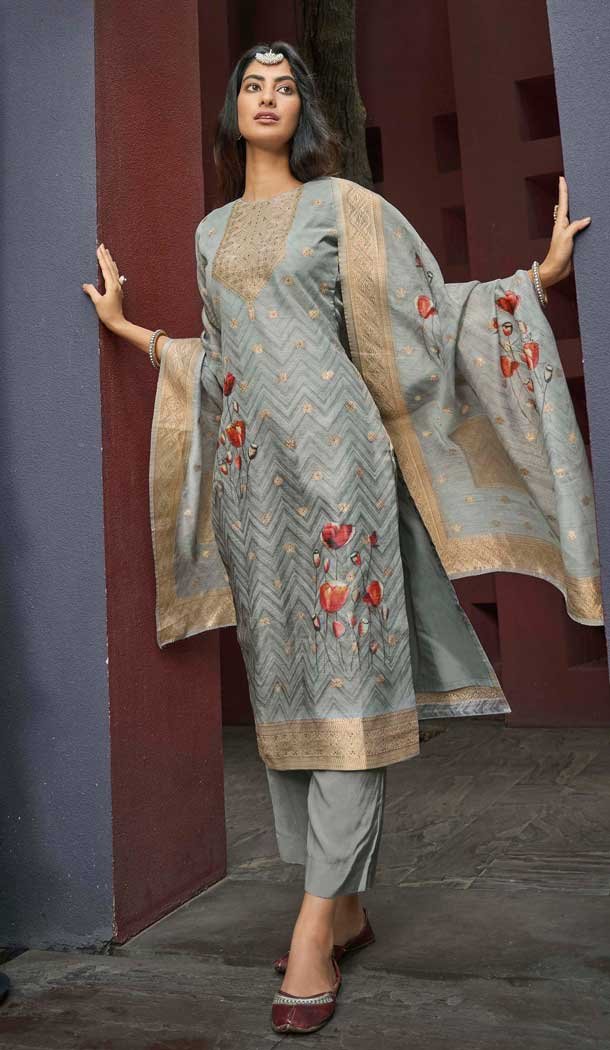 Grey Chanderi Digital Printed Pakistani Style Salwar Kameez - 10108192393